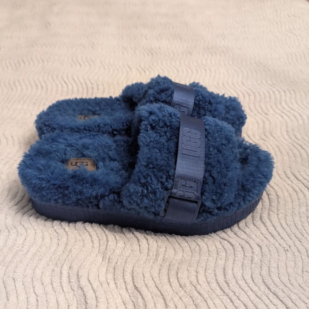 UGG Navy Blue Fluff Slide Platform Sandals